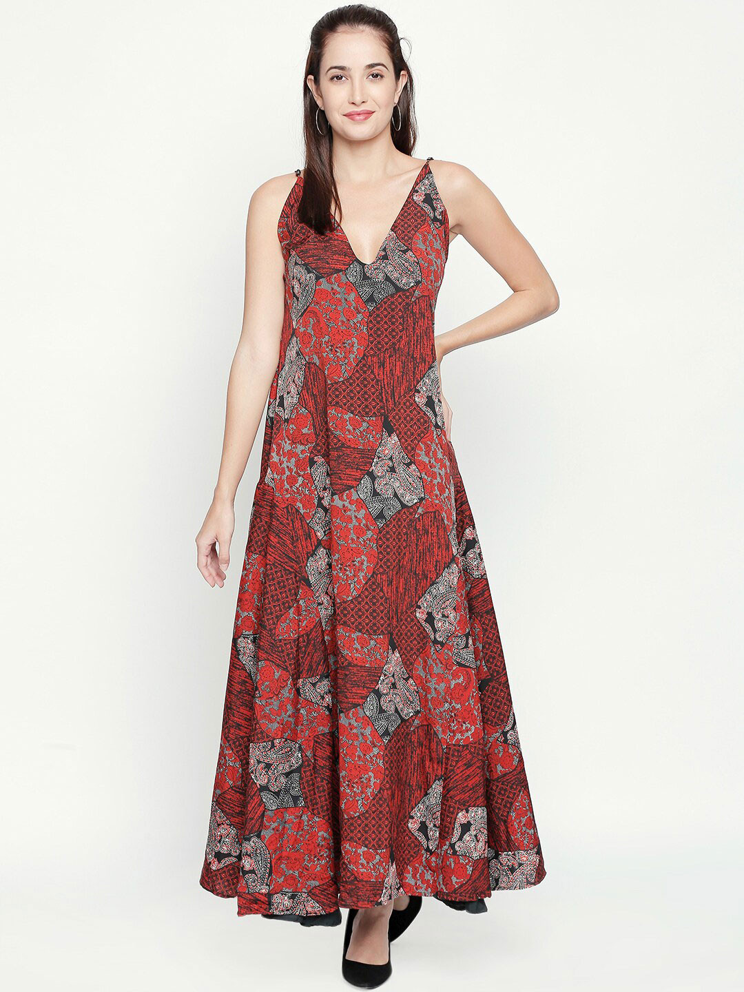 aaliya Maroon & Black Ethnic Motifs Plunging Neck Georgette Maxi Dress