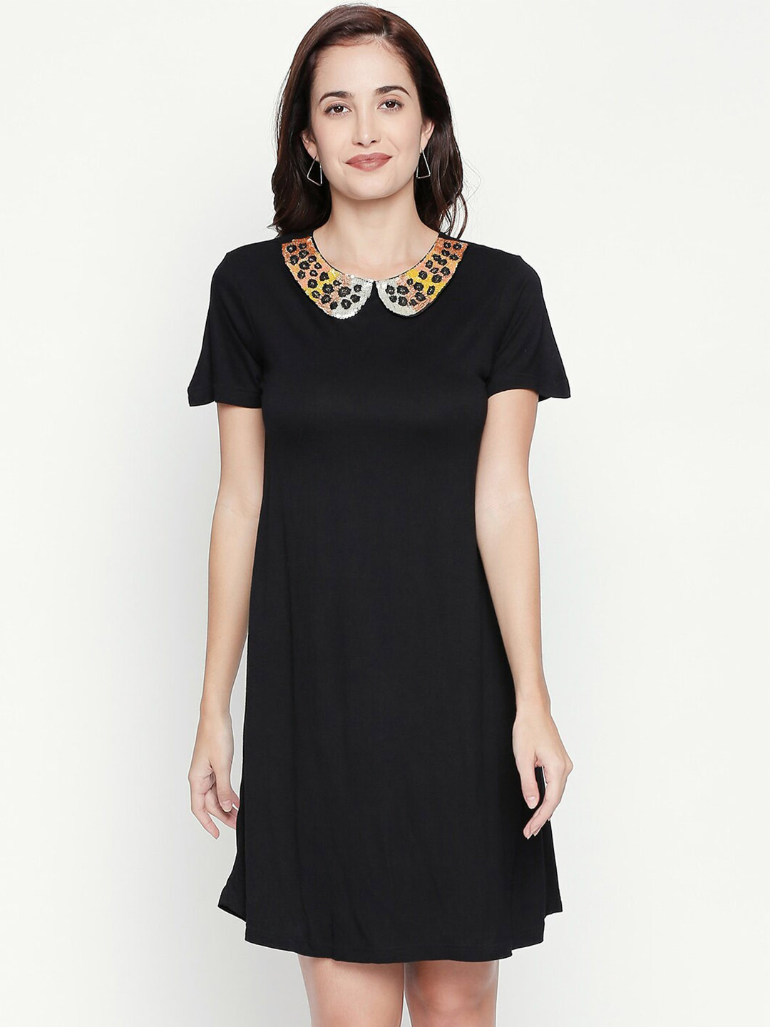 aaliya Black & Gold-Toned Peter Pan Collar Scuba A-Line Dress