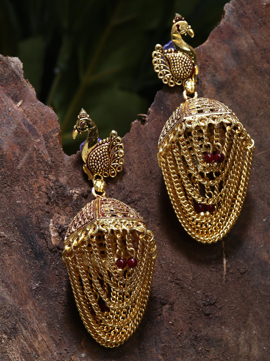 ANIKAS CREATION Maroon & Gold-Plated Beaded Jhumka Earrings With Tasselled