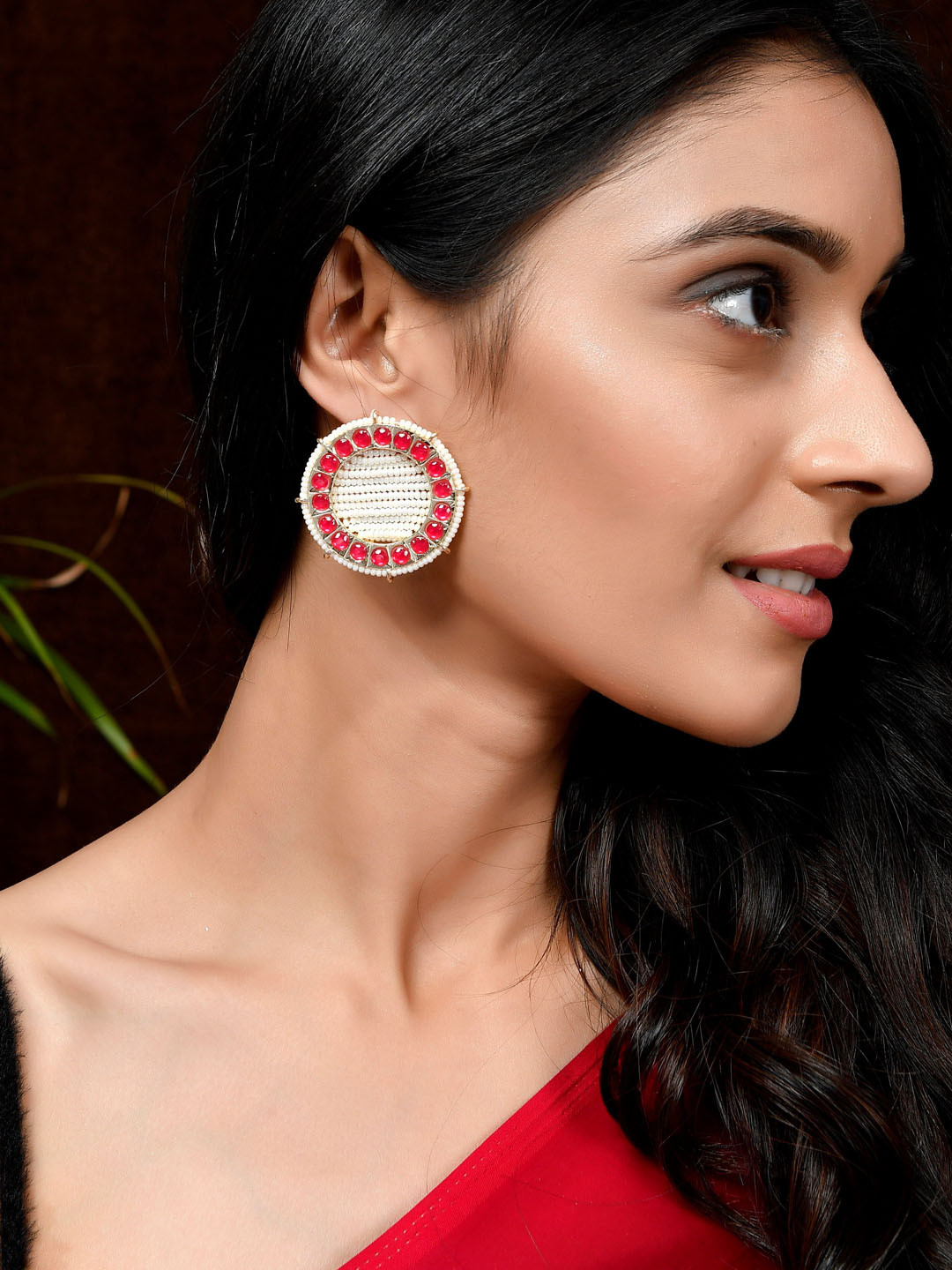 Silvermerc Designs Red & Pearl Beaded Circular Studs Earrings