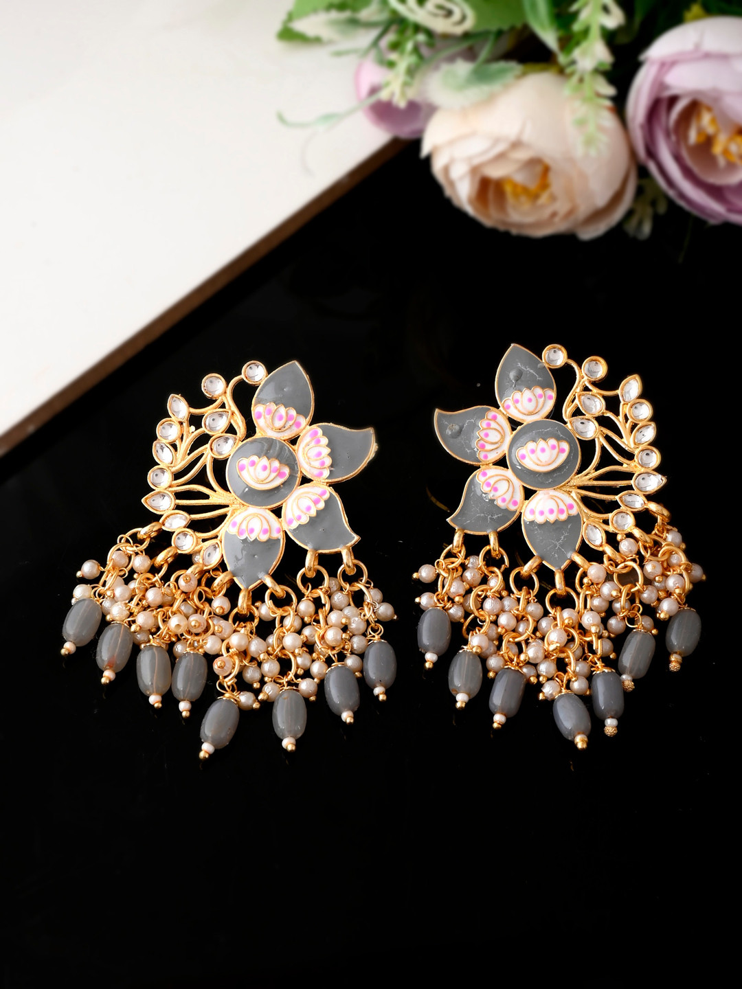 Silvermerc Designs Grey & Gold-Plated Contemporary Drop Earrings