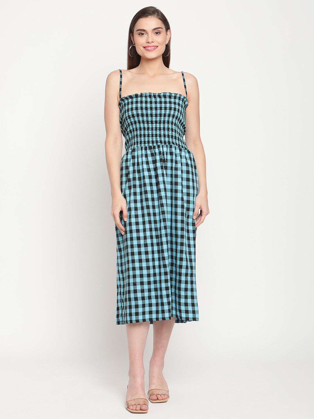 TAG 7 Blue Checked Cotton Midi Dress
