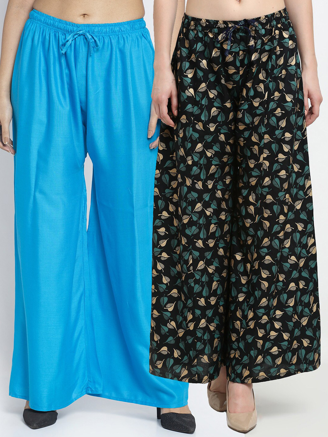 GRACIT Women Sky Blue & Navy Blue Set Of 2 Solid & Printed Flared Fit Palazzos
