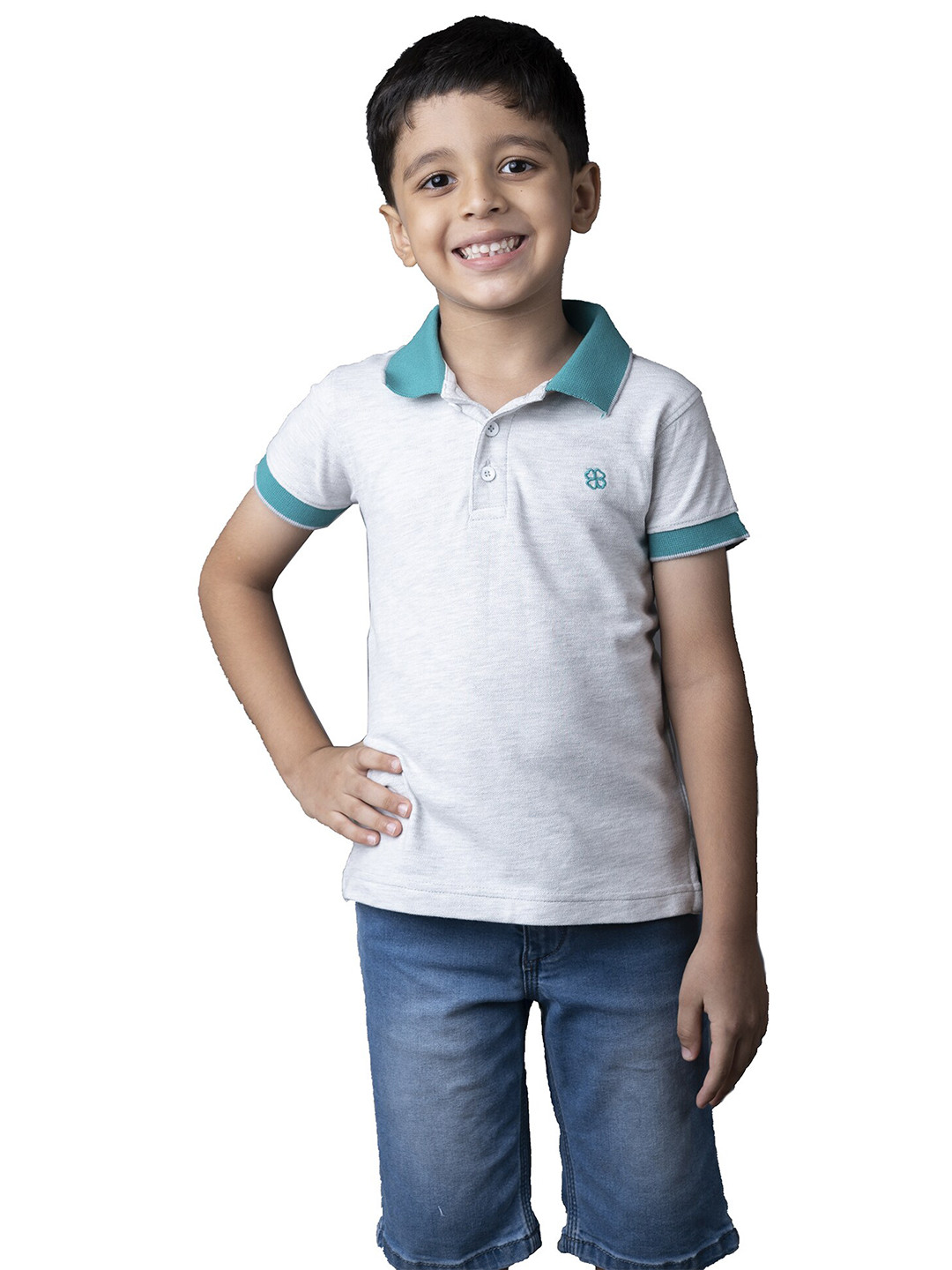 GREENDIGO Boys Grey & Blue Polo Collar Organic Cotton Applique T-shirt