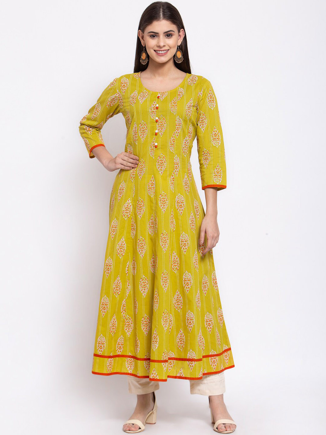 SVARCHI Women Yellow Floral Printed Cotton Anarkali Kurta