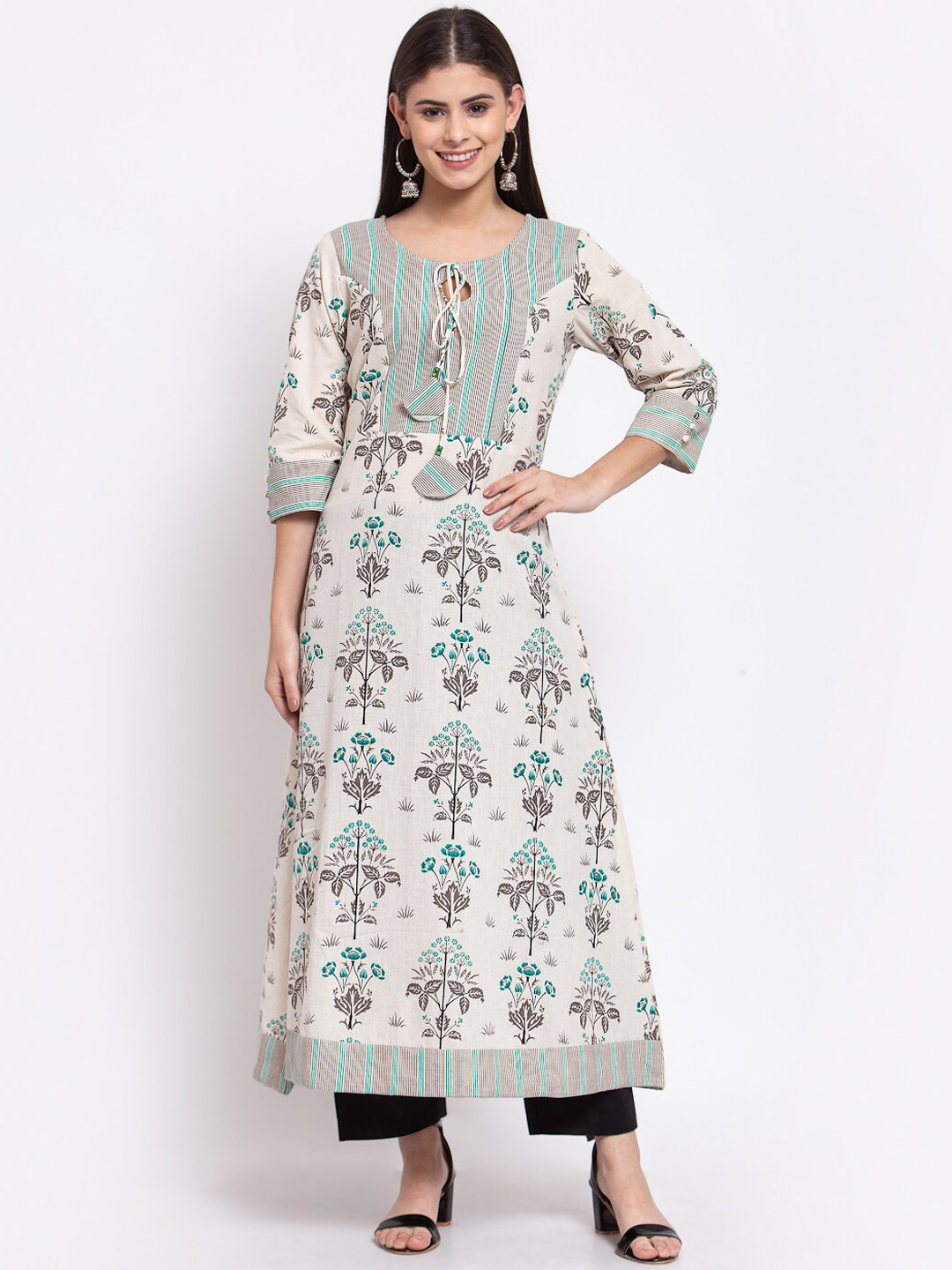 SVARCHI Women Green & Grey Floral Printed Anarkali Kurta