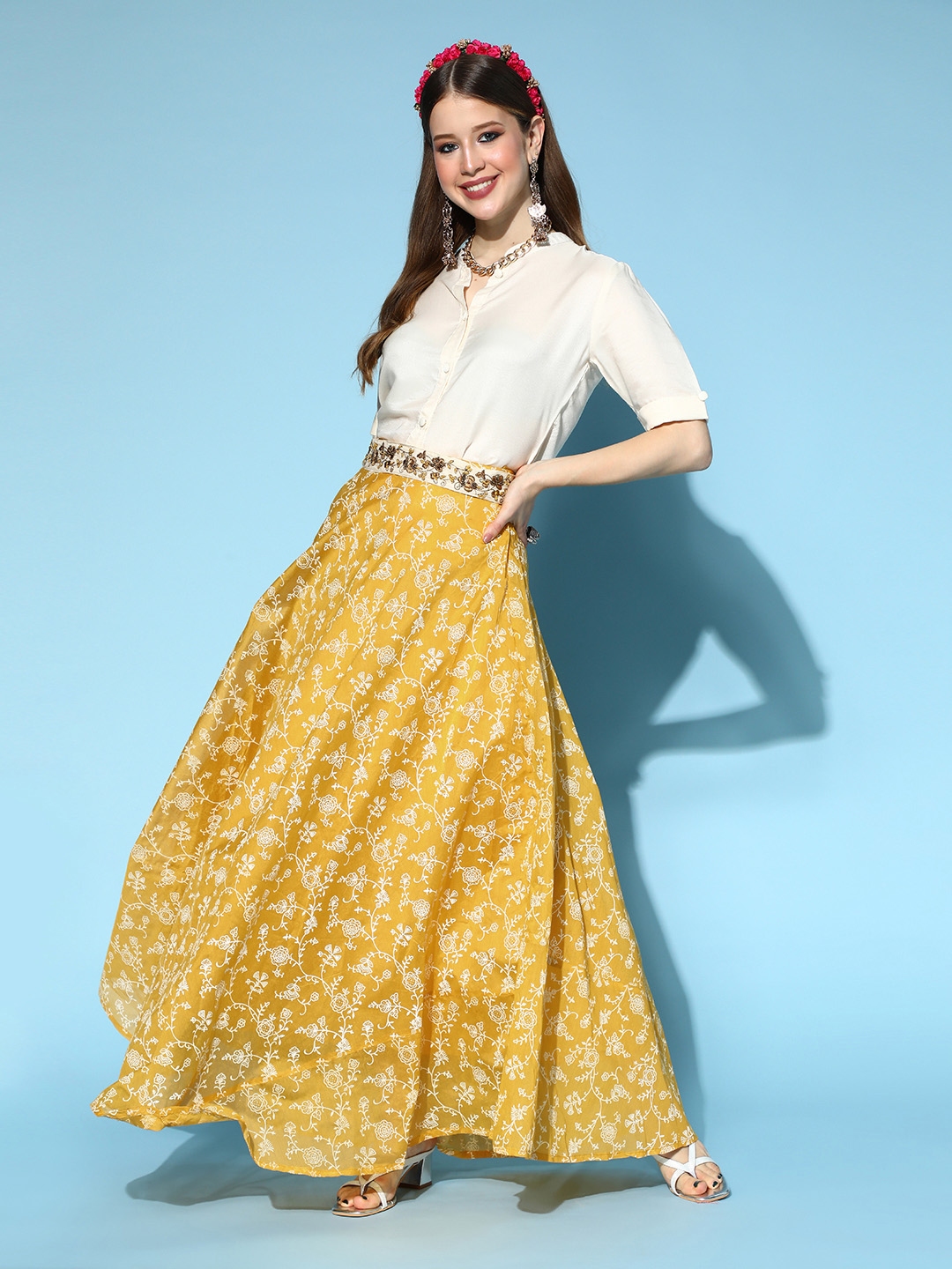 Buy InWeave Women Beautiful Off White Solid Shirt with Printed Skirt Co Ords for Women 17355364 Myntra