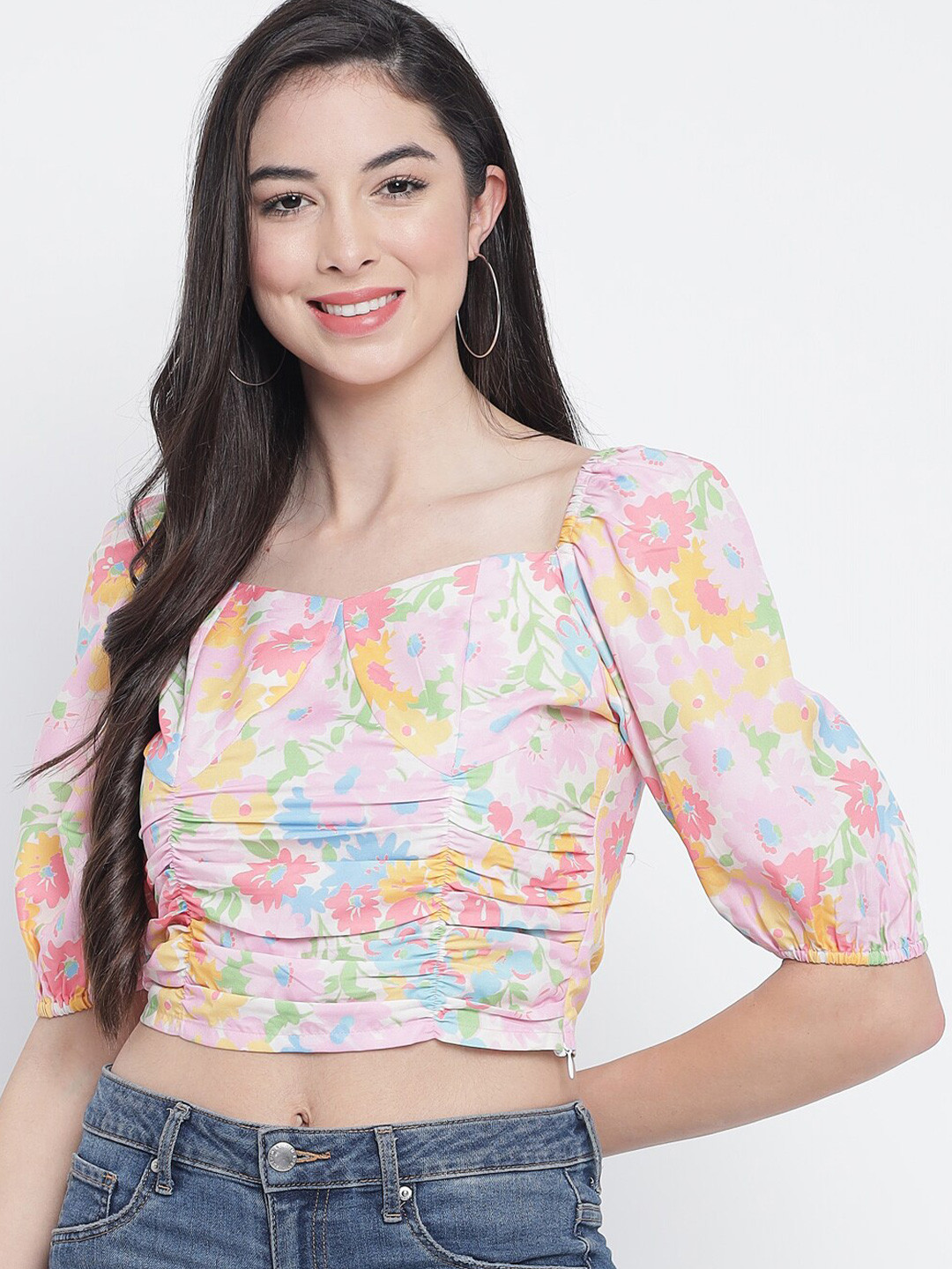 Orchid Blues White & Pink Floral Print Cotton Crop Top