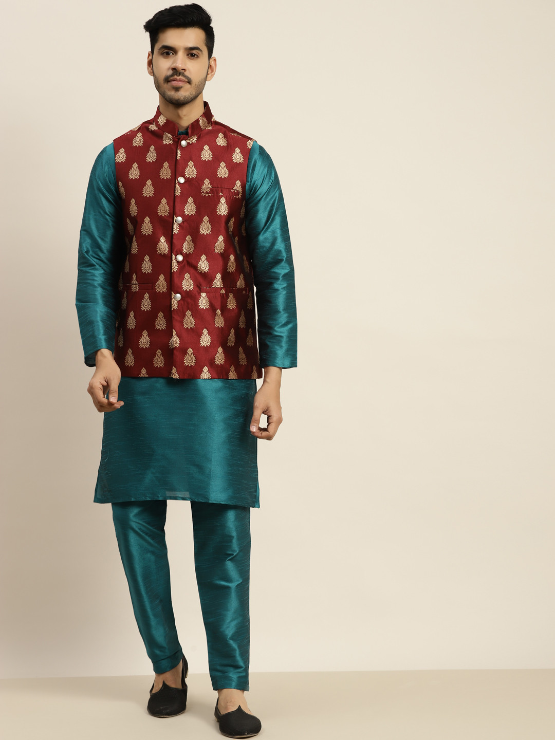 SOJANYA Men Teal Kurta with Churidar & Nehru Jacket