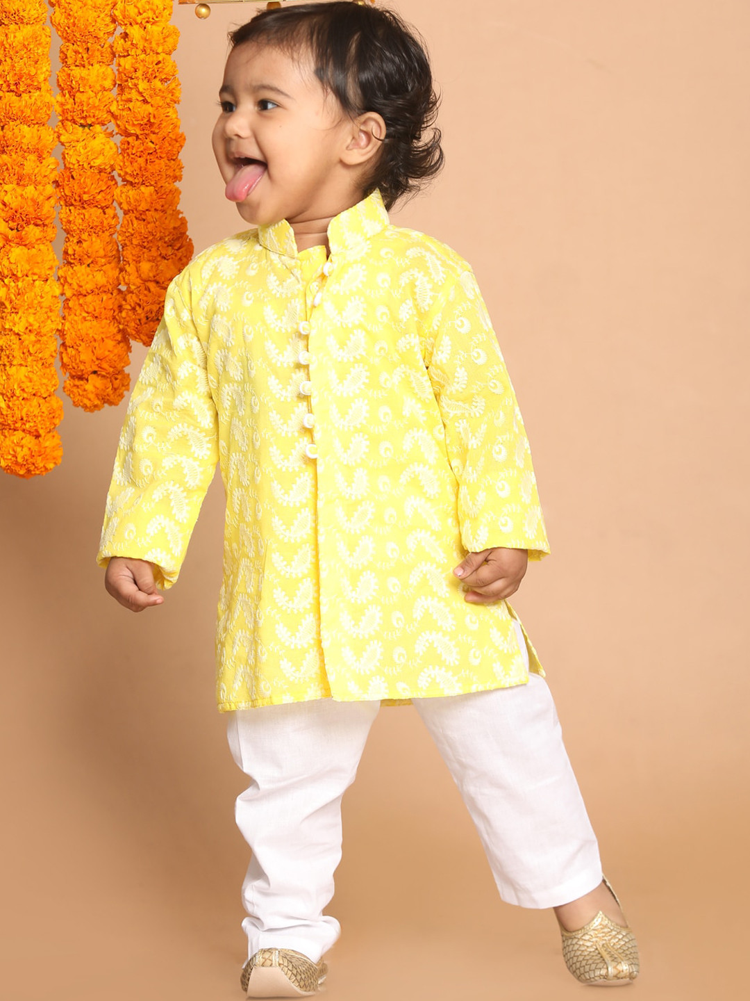 VASTRAMAY Boys Mustard Yellow And White Pure Cotton Chikankari Kurta Pyjama Set