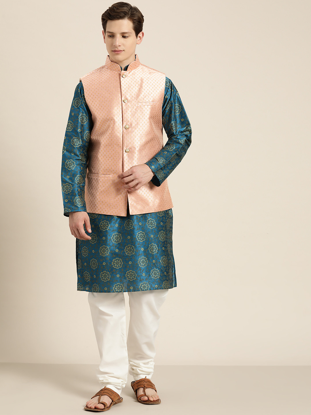 SOJANYA Men Teal Blue & Gold Floral Straight Kurta Churidar & Woven Design Nehru Jacket