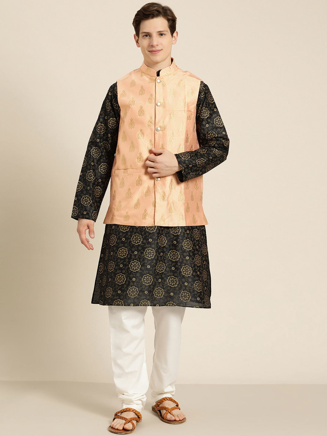 SOJANYA Men Black & Gold Floral Print Straight Kurta Churidar & Woven Design Nehru Jacket