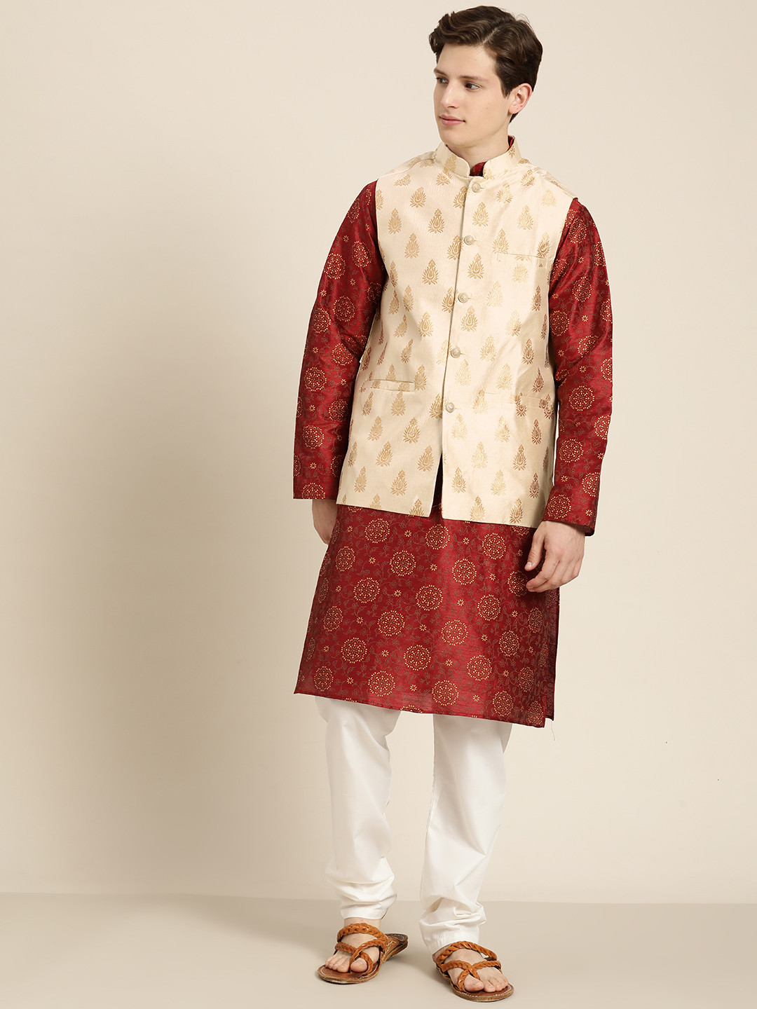 SOJANYA Men Maroon & Gold Floral Print Straight Kurta Churidar & Woven Design Nehru Jacket