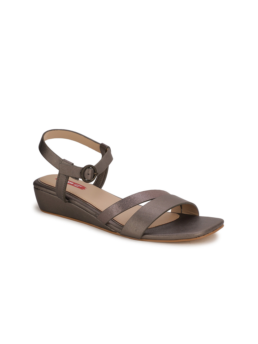 Bata Grey Textured PU Wedge Sandals With Buckles