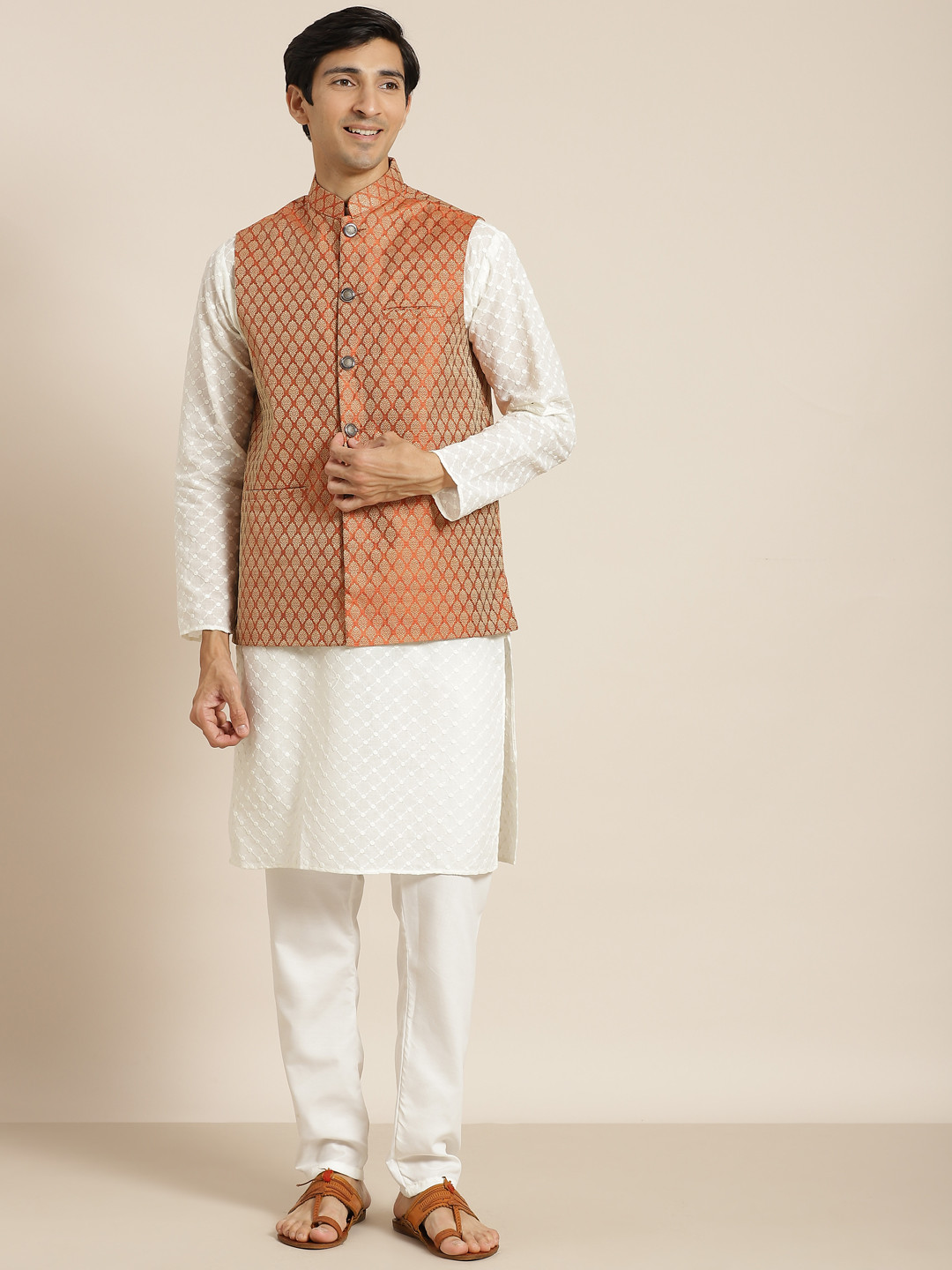SOJANYA Men Cream-Coloured Chikankari Pure Cotton Kurta with Churidar & Nehru Jacket