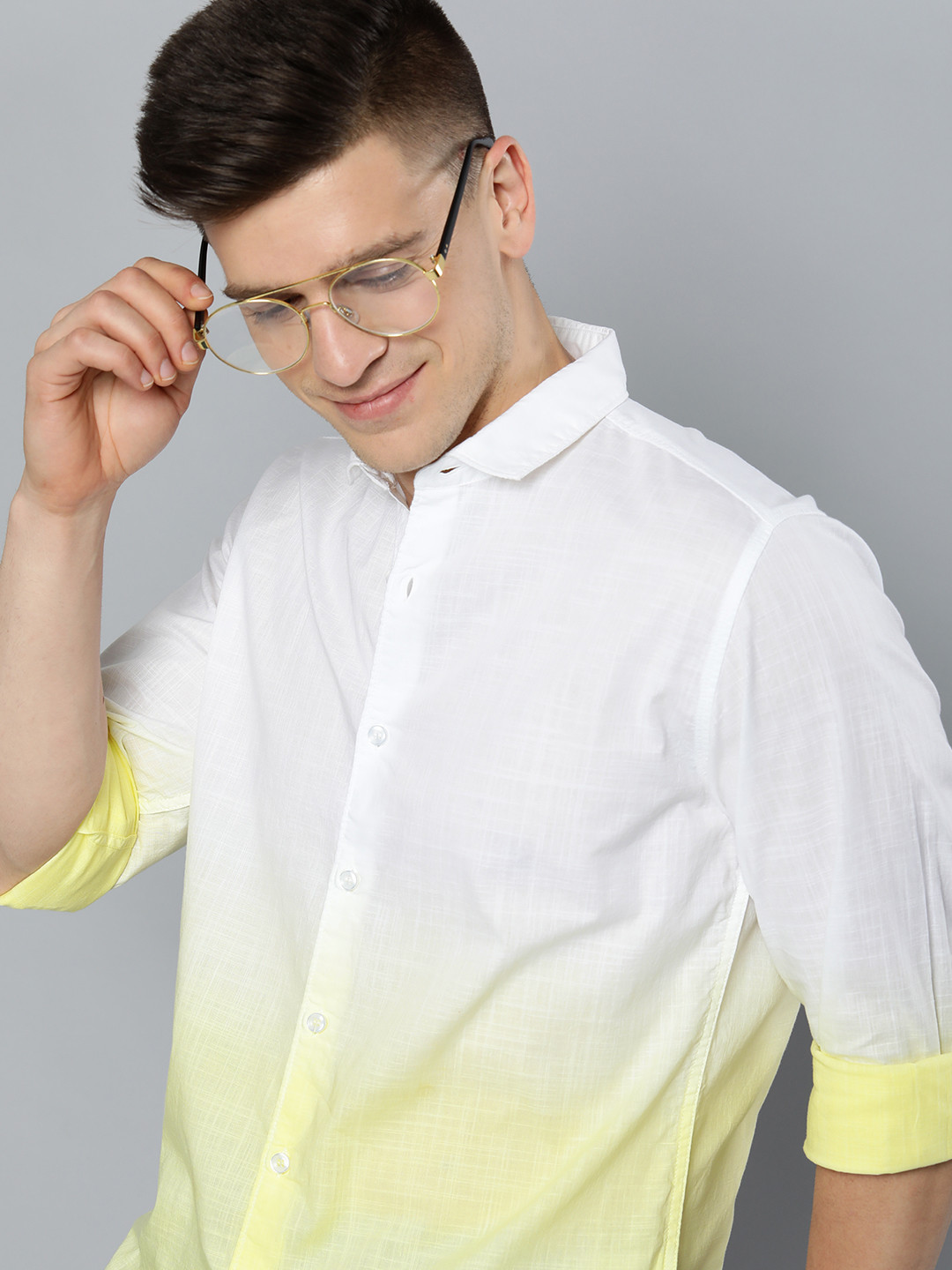 Mast & Harbour Men White & Yellow Ombre Dyed Casual Cotton Shirt