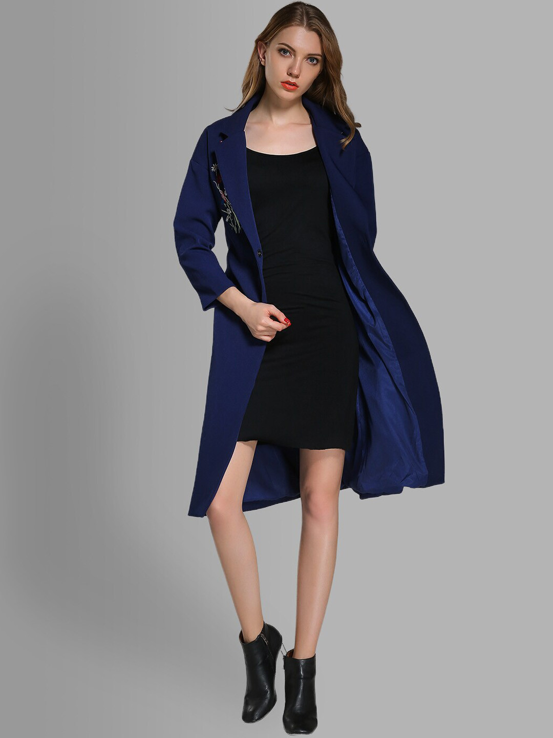 JC Collection Women Navy Blue Solid Notched Lapel Trench Coats