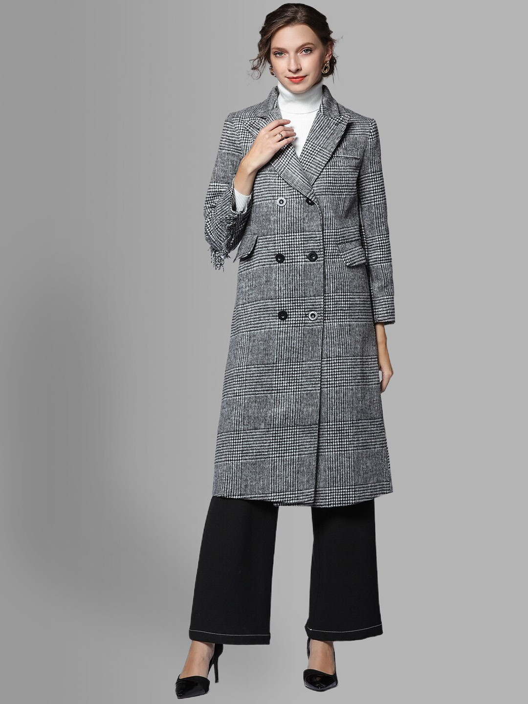 JC Collection Women Grey & White Striped Double-Breasted Trench Coat