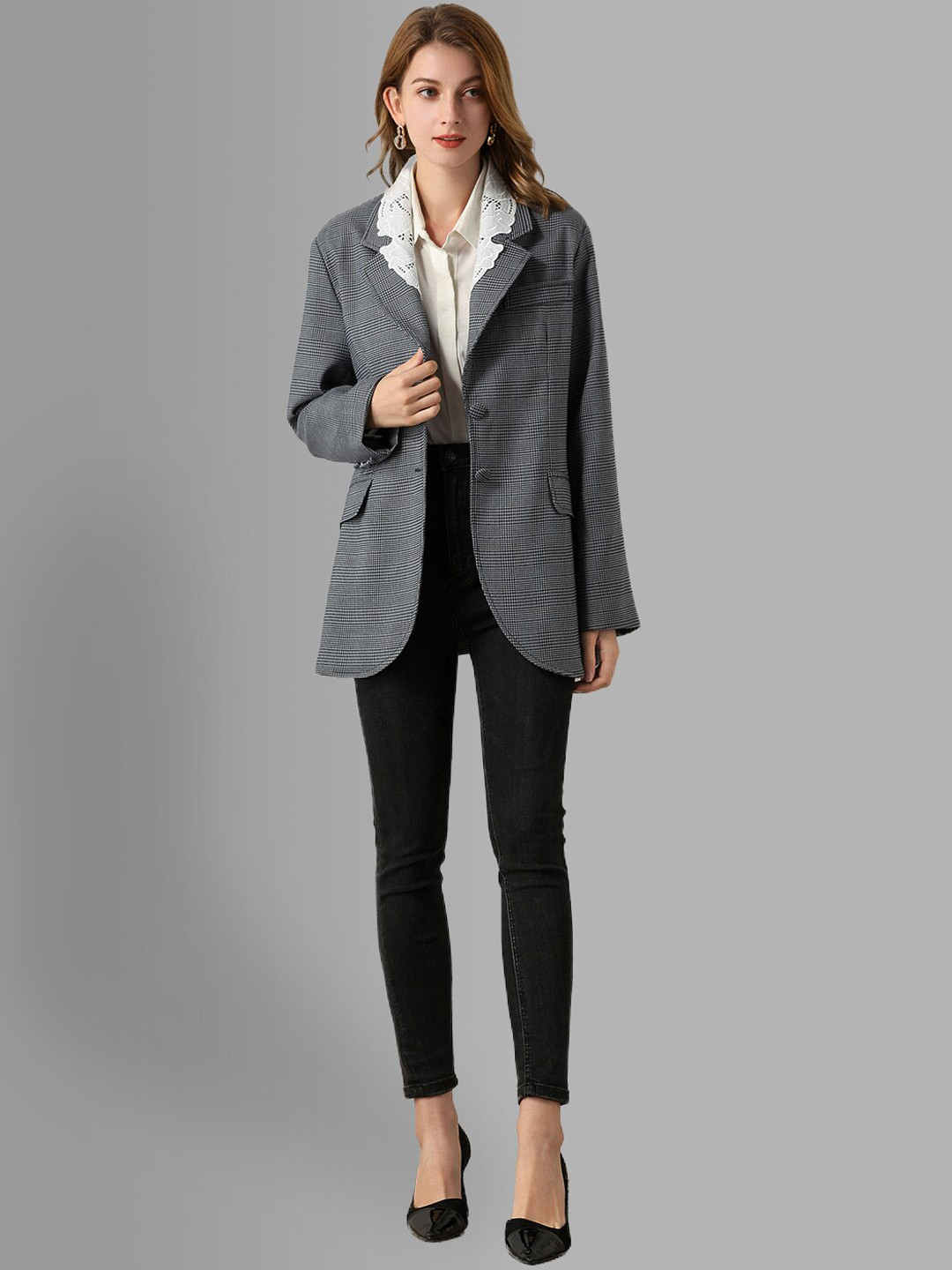 JC Collection Women Grey & Black Checked Hip length Formal Coat
