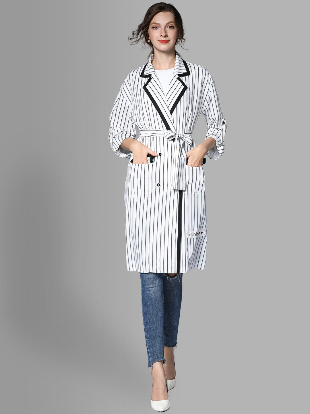 JC Collection Women White & Black Striped Double-Breasted Trench Coat