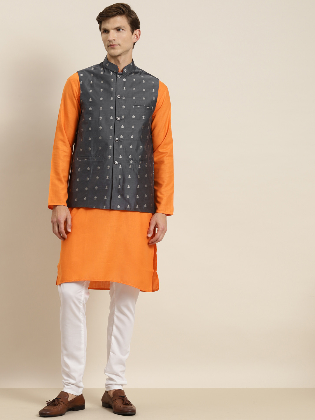 SOJANYA Men Orange & Grey Kurta with Churidar & Nehru Jacket