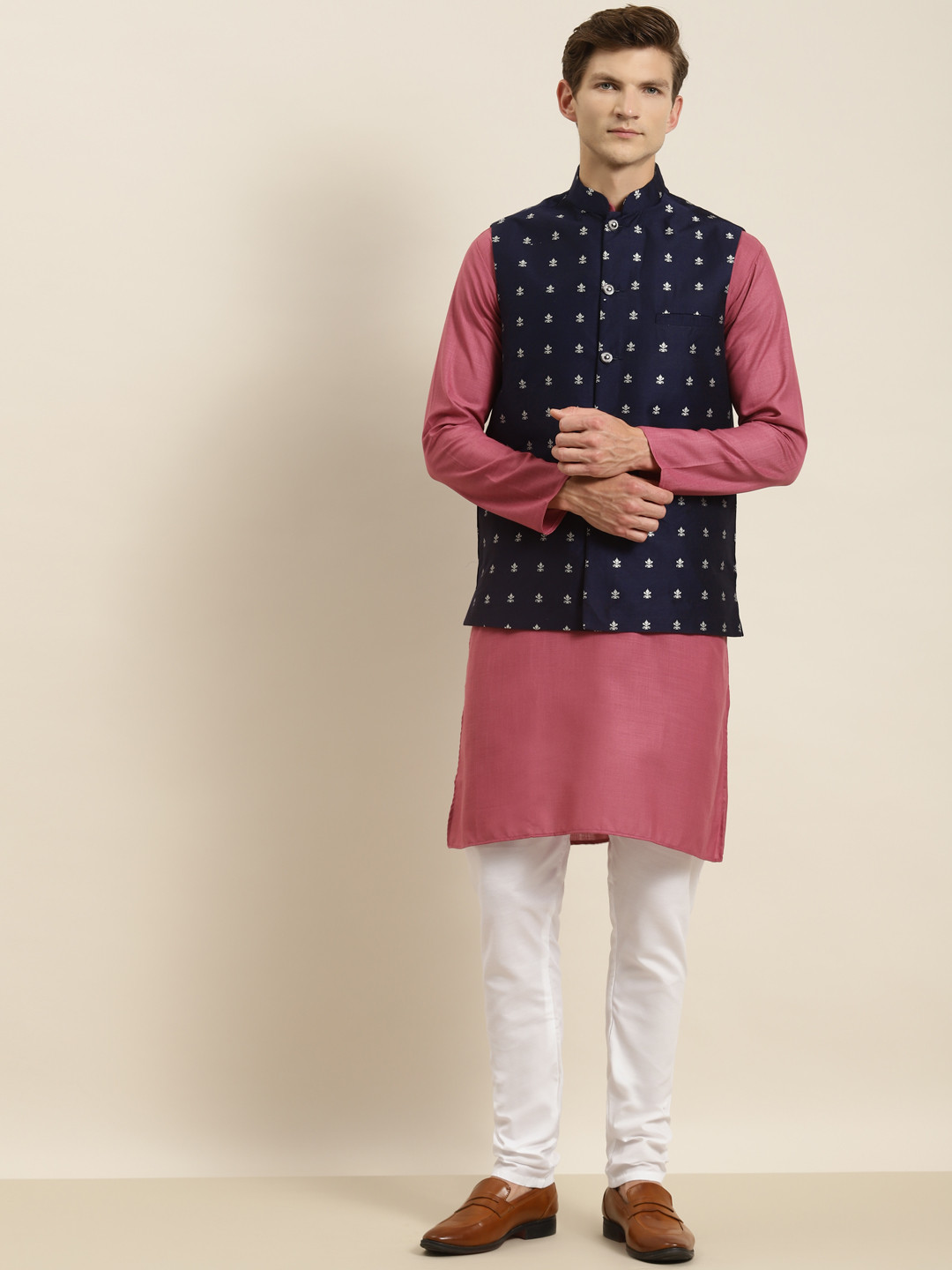 SOJANYA Men Coral Red & Navy Blue Kurta with Churidar & Nehru Jacket