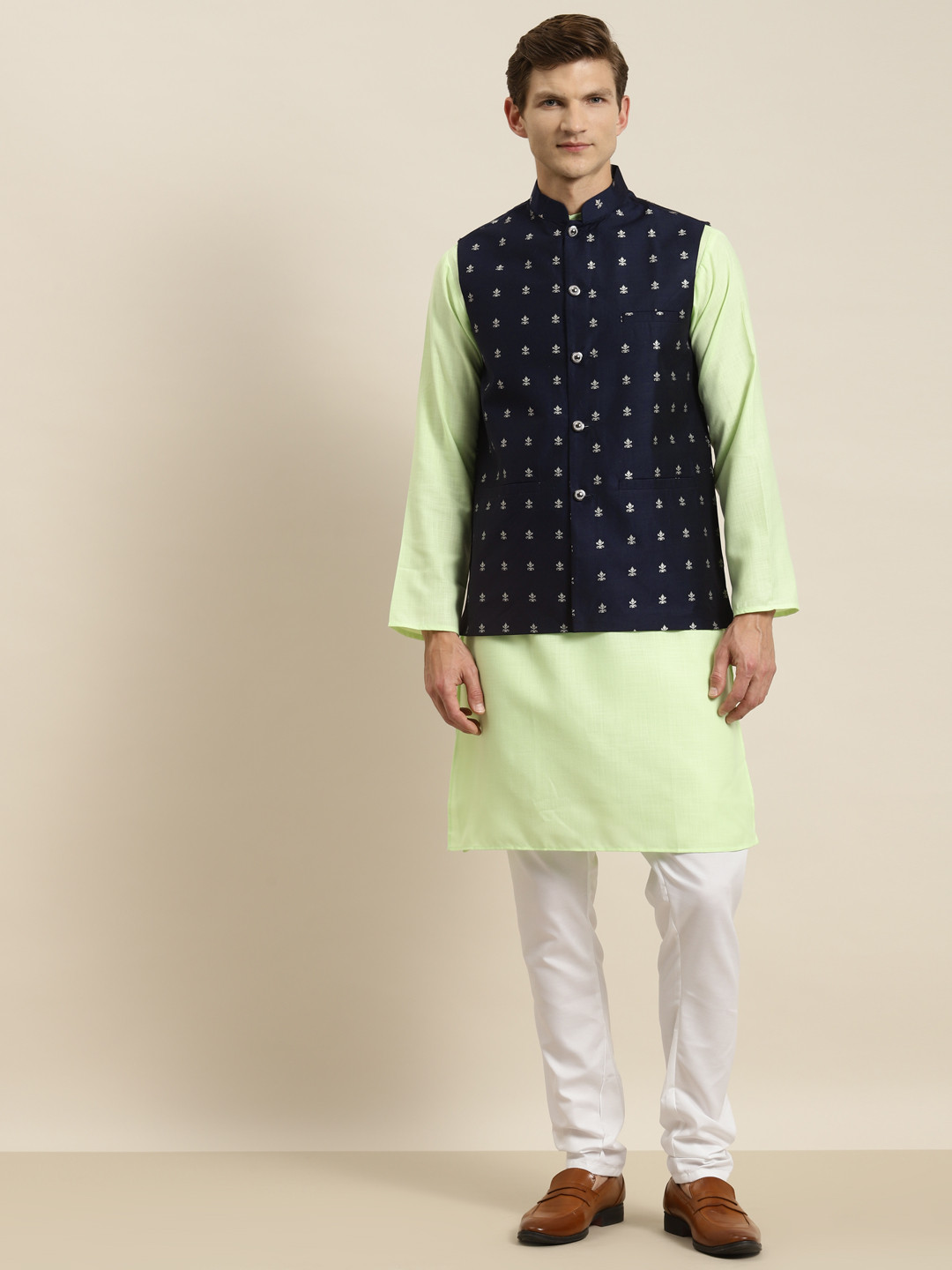SOJANYA Men Green & Navy Blue Kurta with Churidar & Nehru Jacket