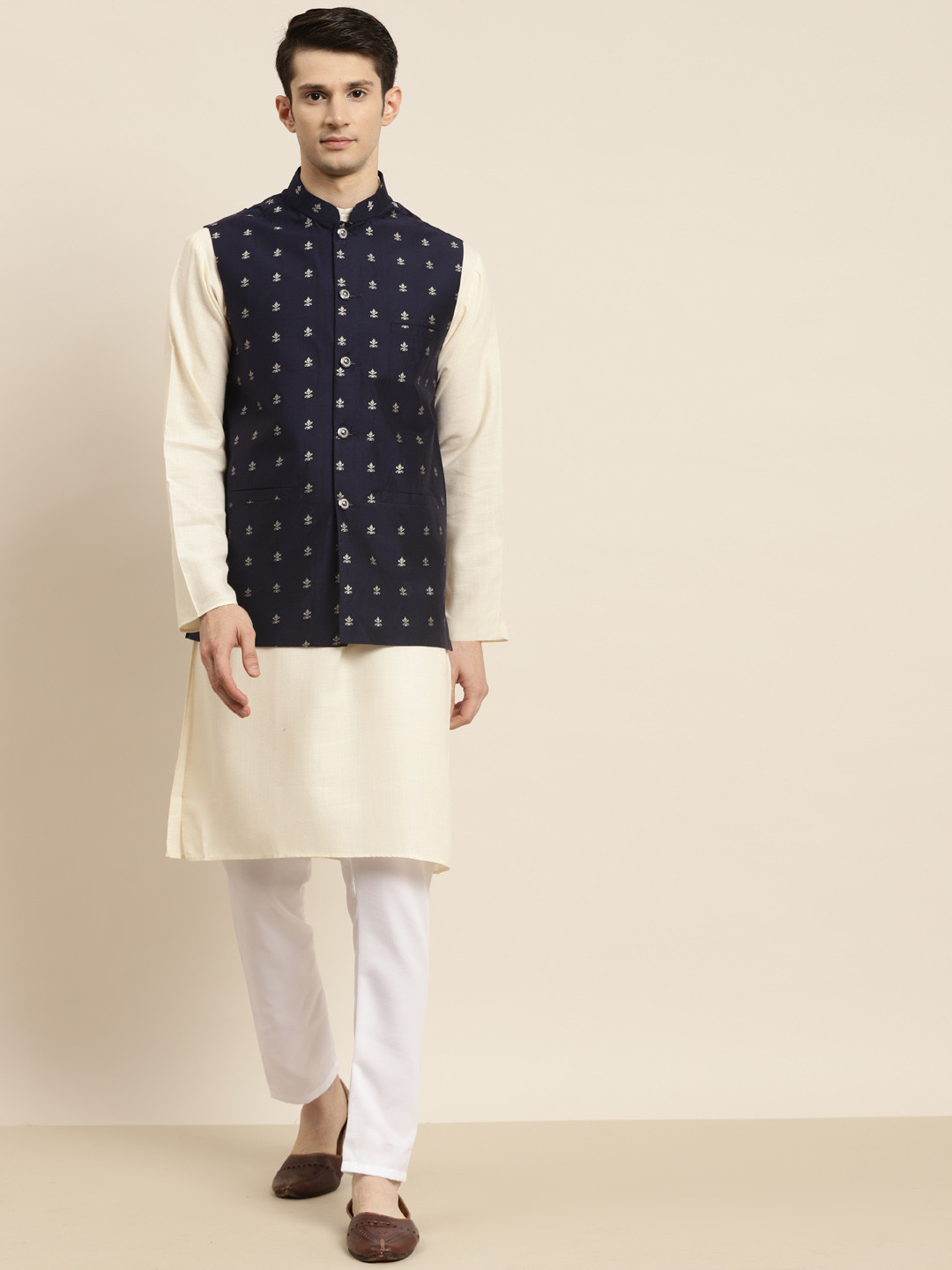 SOJANYA Men Cream-Coloured Kurta with Churidar & Nehru Jacket