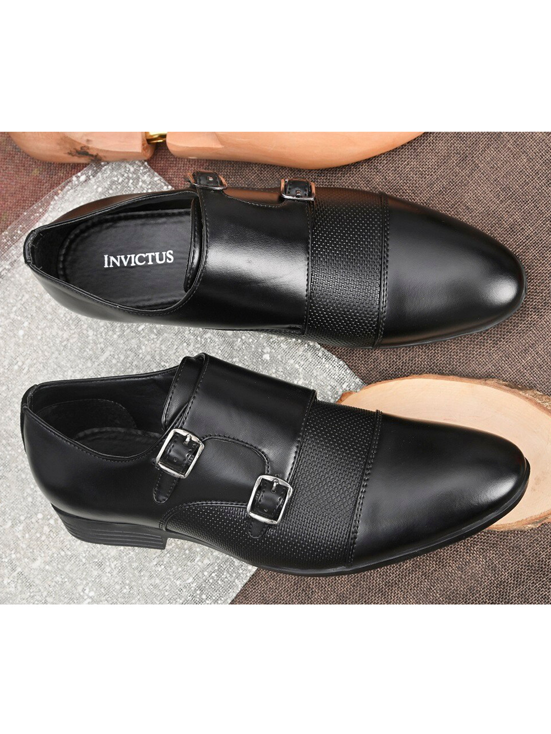 INVICTUS Men Black Faux Leather Formal Monk Shoes