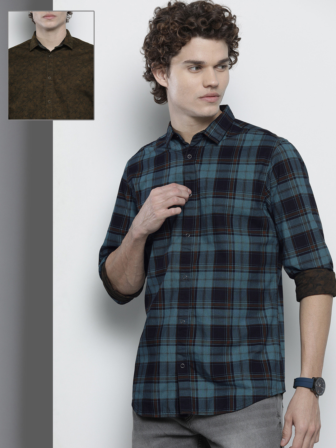 The Indian Garage Co Men Blue & Coffee Brown Comfort Reversible Checked FloralCotton Regular Fit Shirt