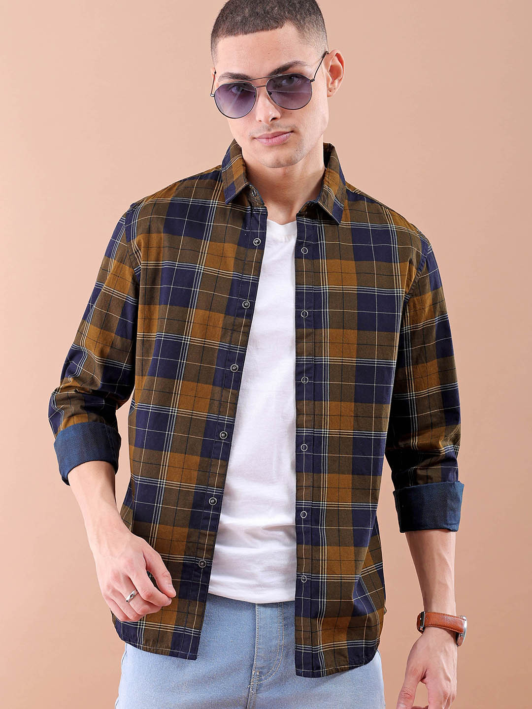 The Indian Garage Co Men Mustard Comfort Checked Cotton Reversible Casual Regular Fit Shirt