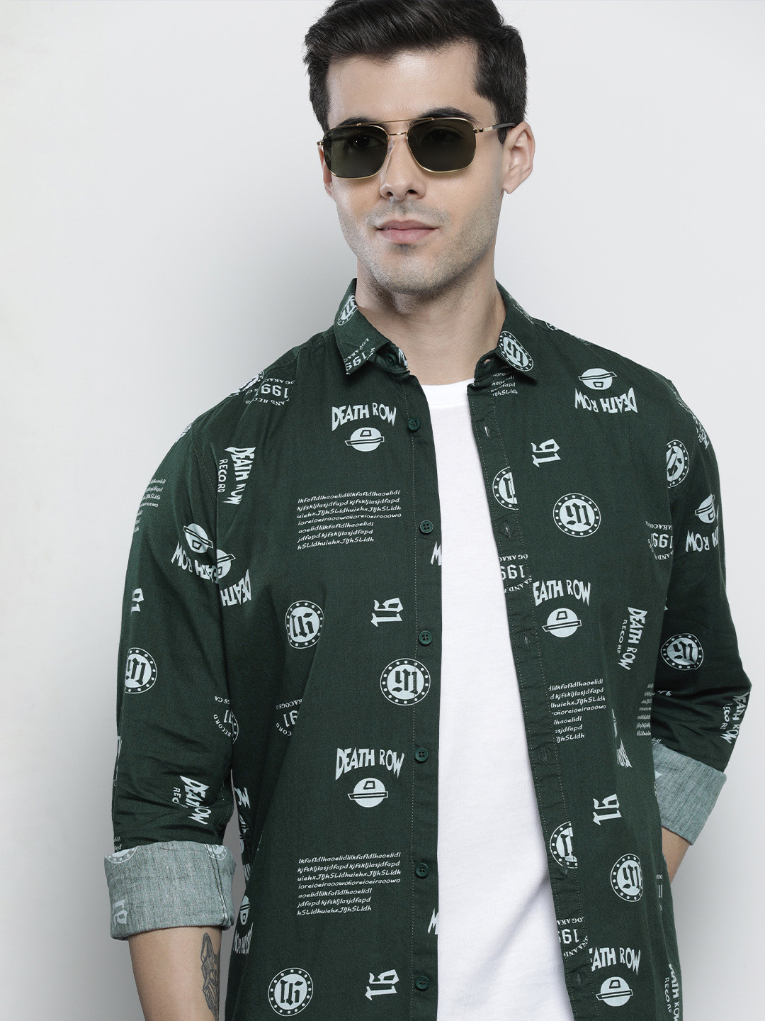 The Indian Garage Co Men Green & White Printed Pure Cotton Regular Fit Shirt