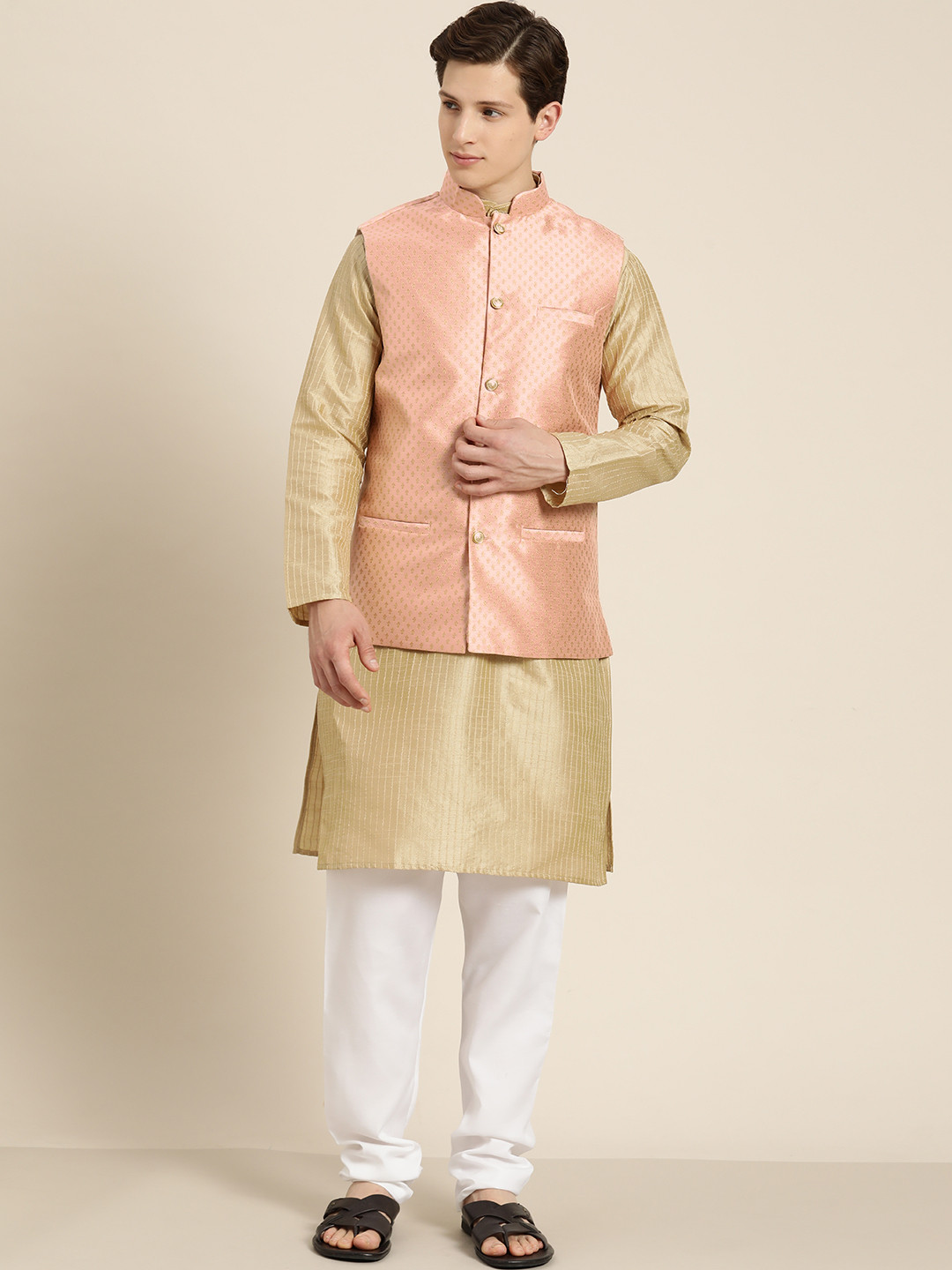 SOJANYA Men Beige Thread Work Straight Kurta Churidar with Nehru Jacket
