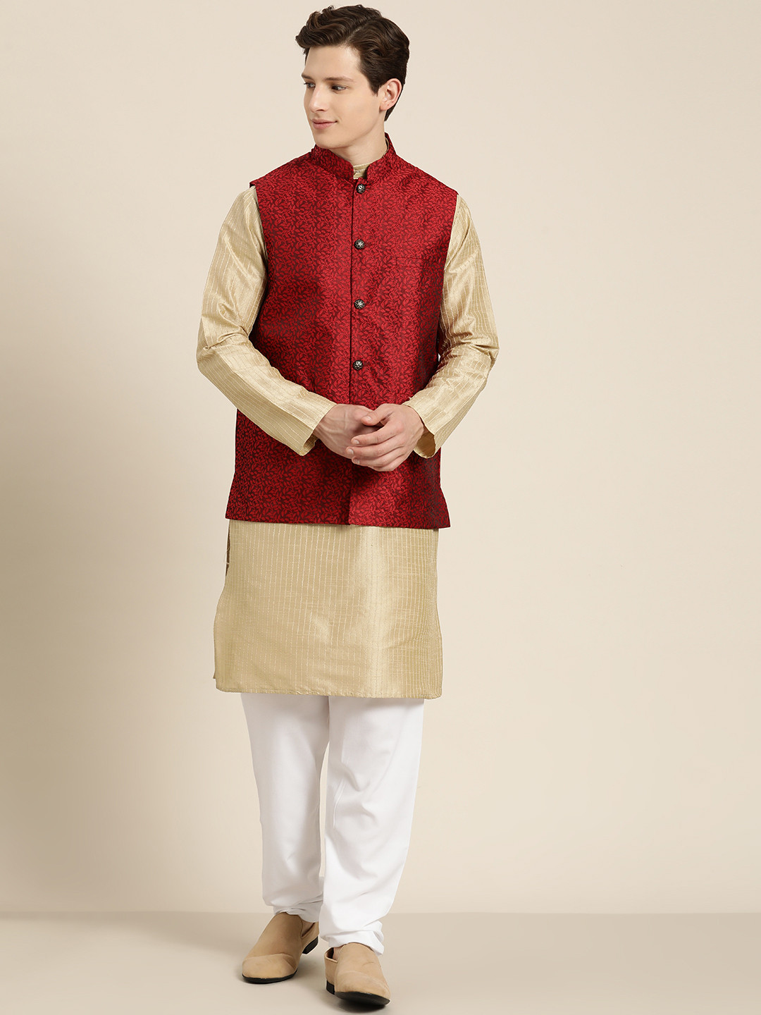 SOJANYA Men Beige Striped Kurta with Pyjamas & Nehru Jacket