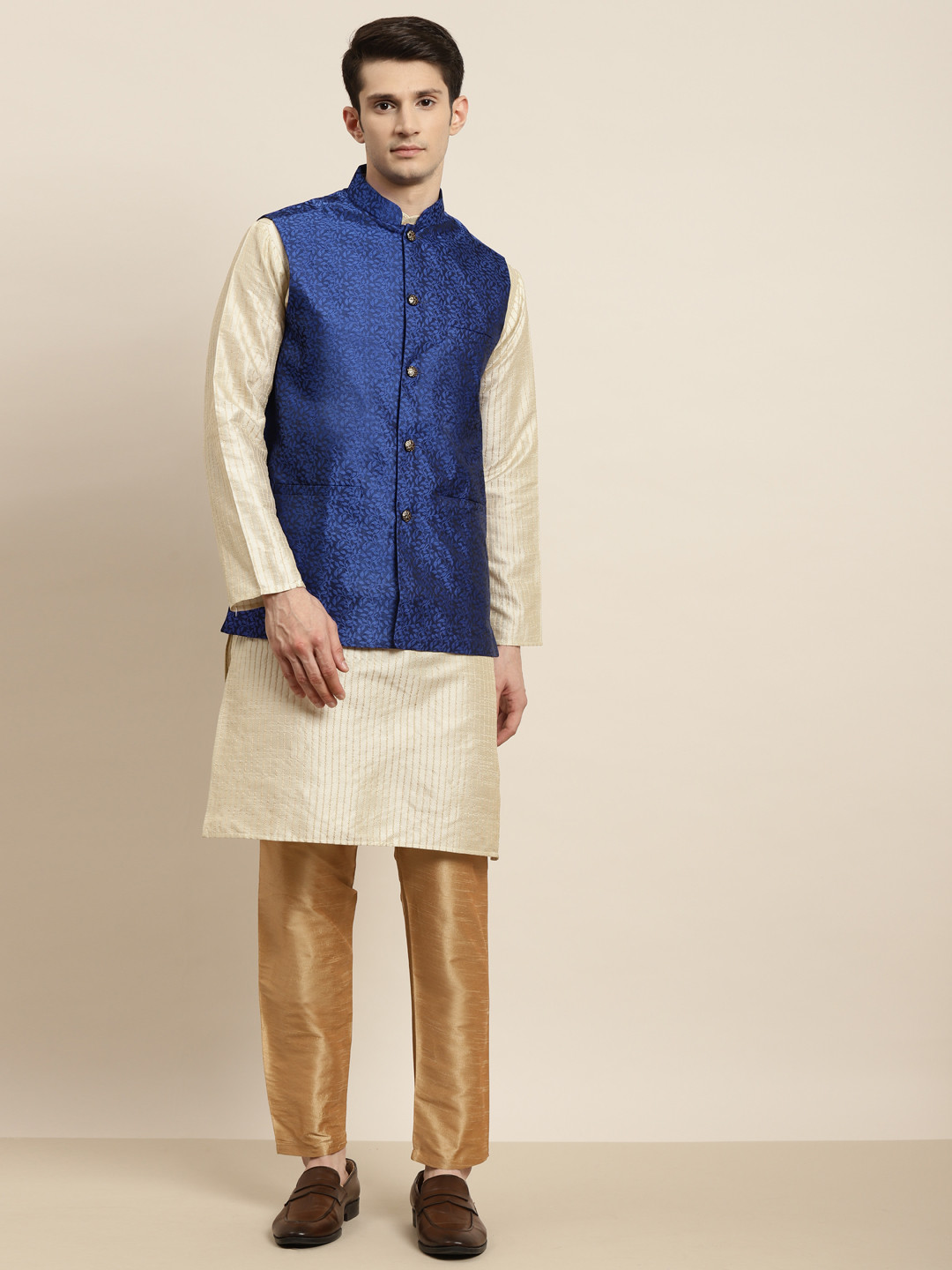 SOJANYA Men Beige Striped Kurta with Pyjamas & Nehru Jacket