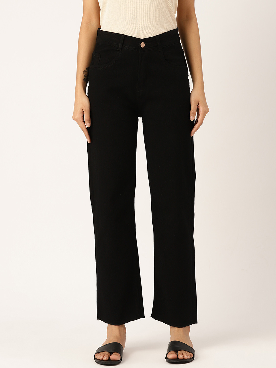 BROOWL Women Black Loose Wide Leg Stretchable Cotton Cropped Jeans