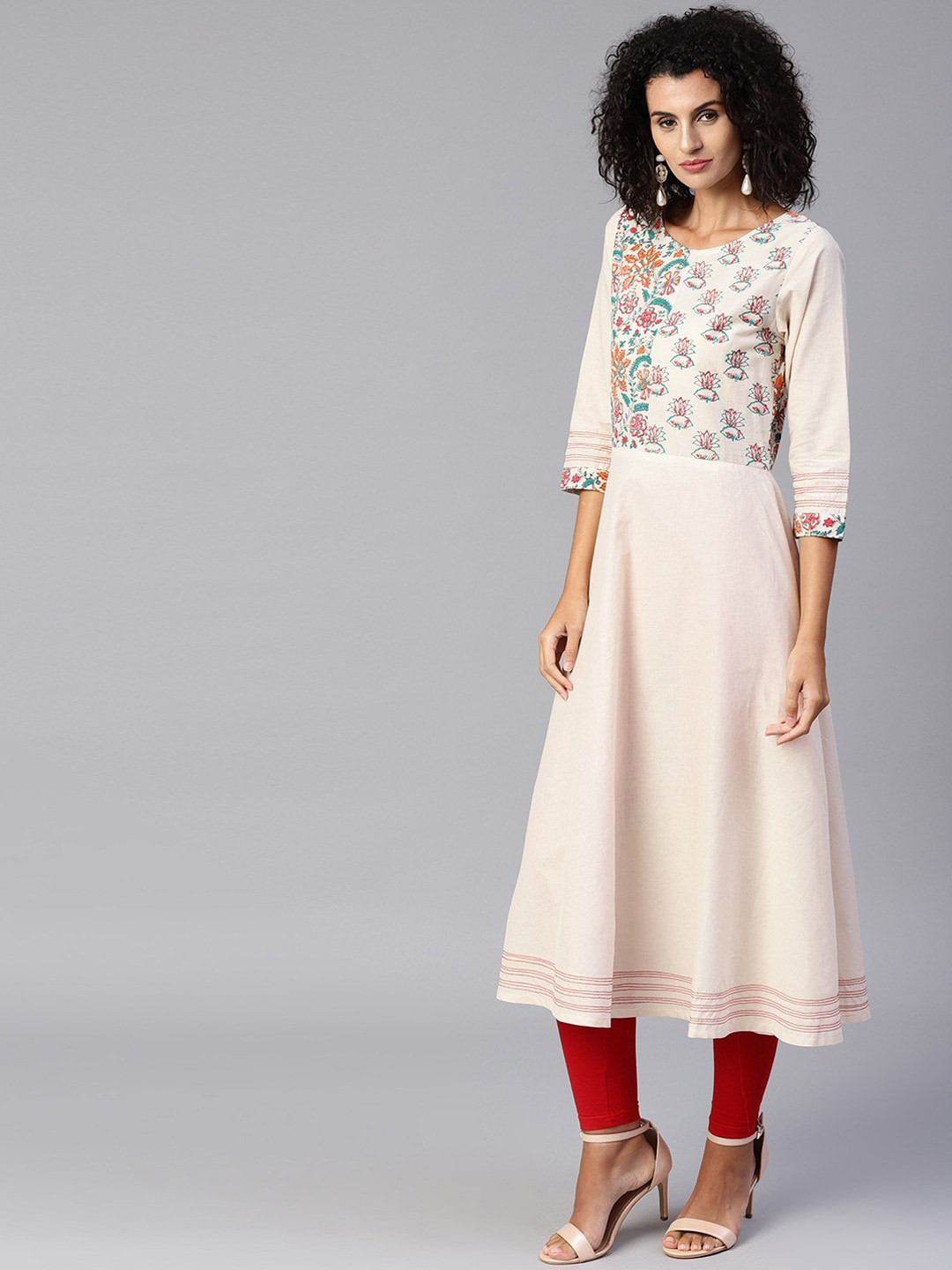 Tulsattva Women Cream-Coloured Floral Yoke Design A-Line Kurta