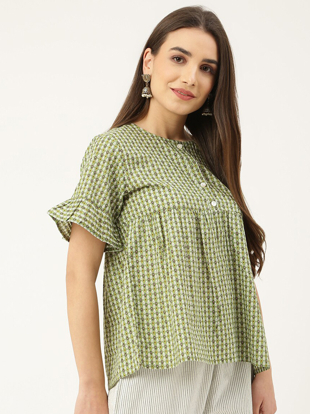 DECKEDUP Women Green & White Abstract Printed Pure Cotton Top