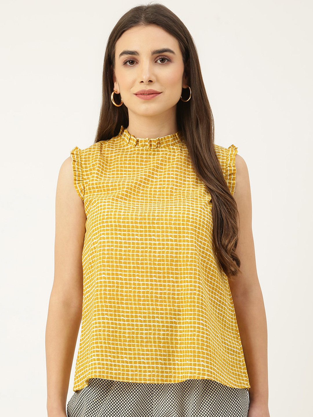 DECKEDUP Mustard Yellow Checked Pure Cotton Top
