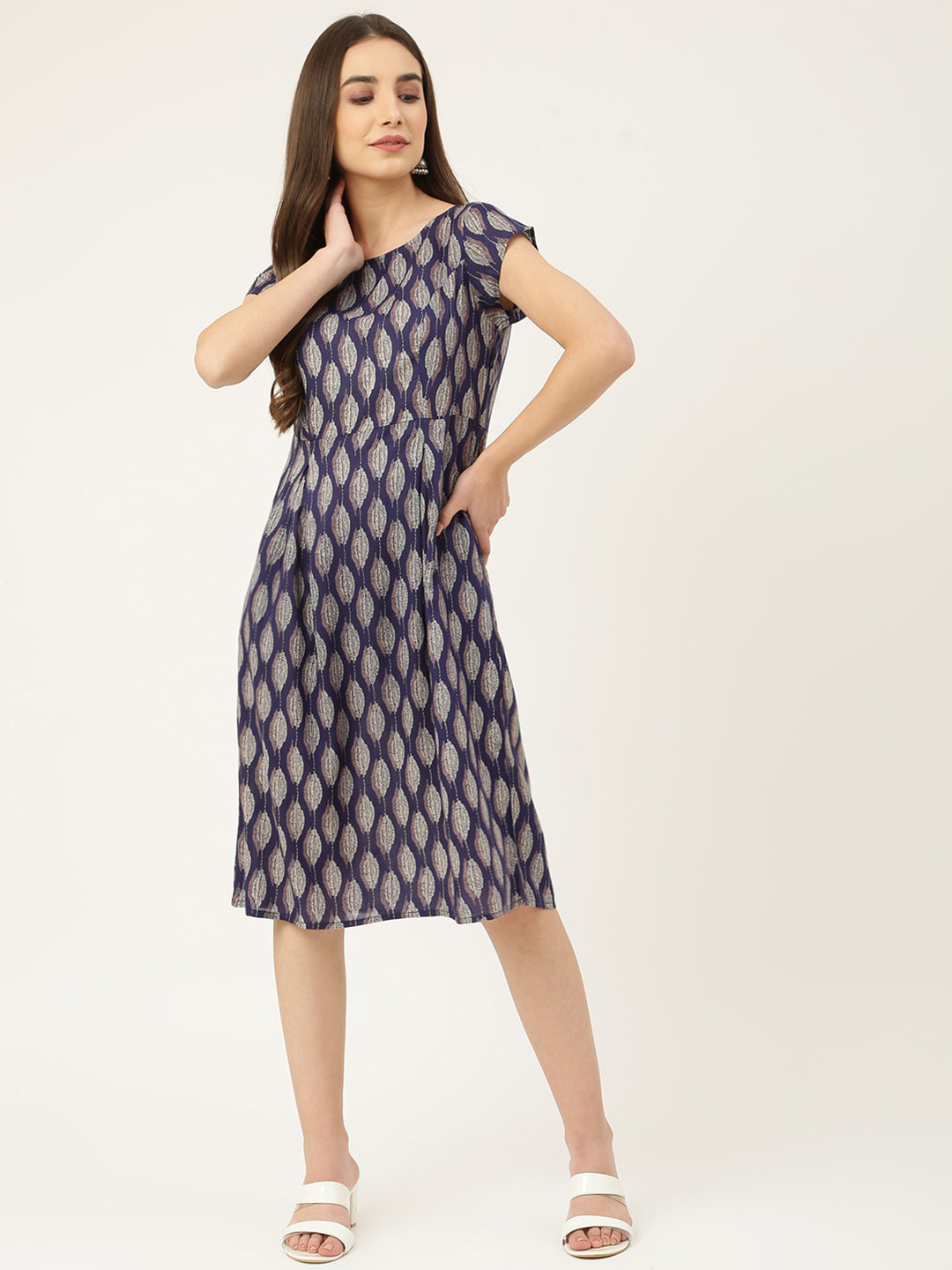 DECKEDUP Women Blue Printed A-Line Dress