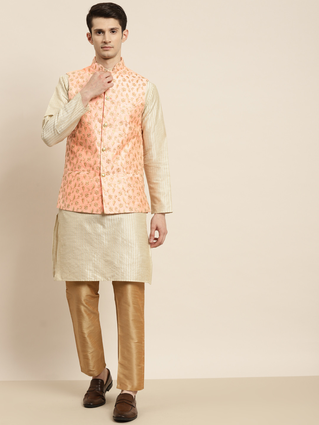 SOJANYA Men Cream-Coloured Kurta with Churidar & Nehru Jacket