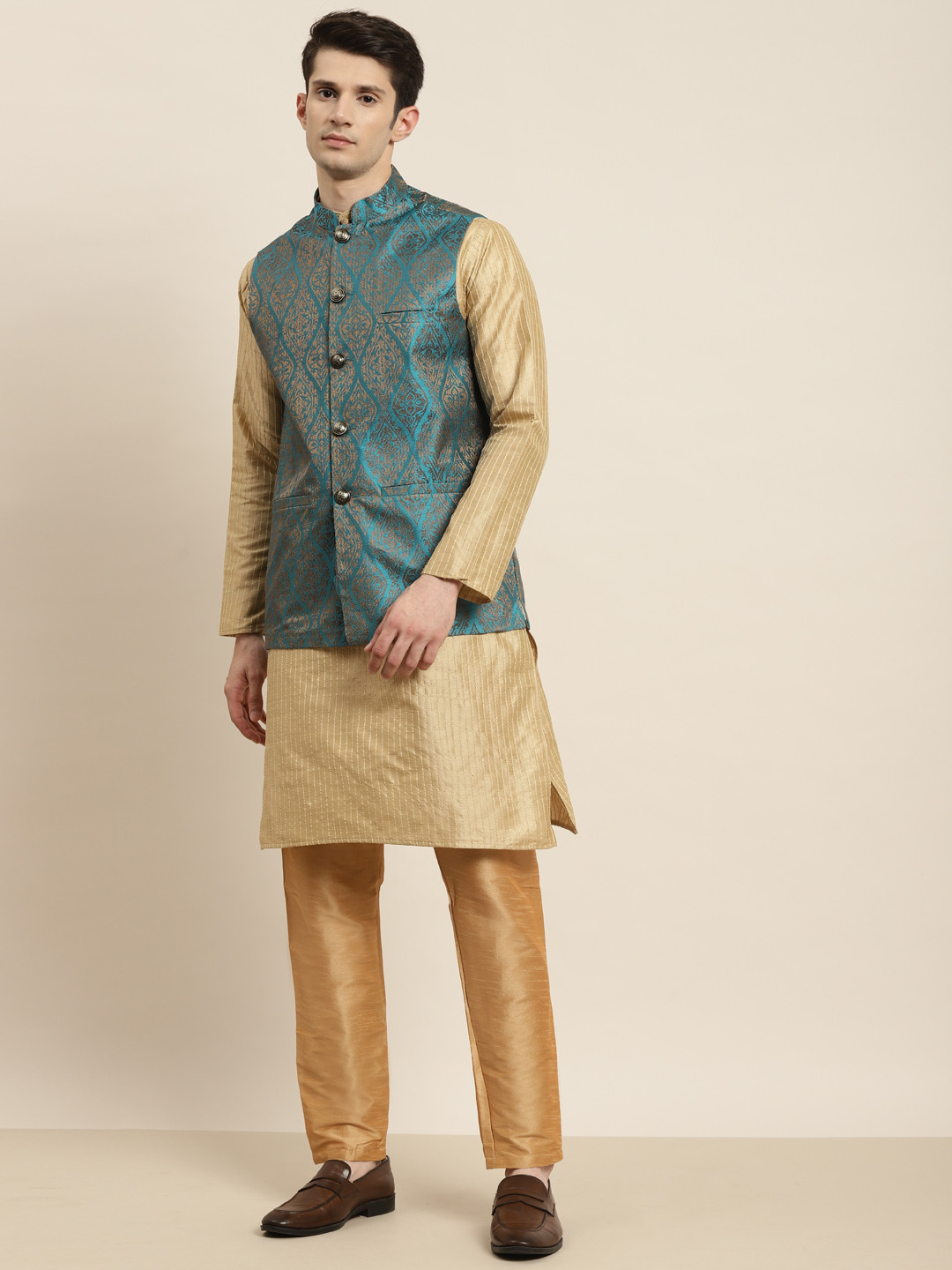 SOJANYA Men Golden & Teal Blue Kurta with Churidar & Nehru Jacket