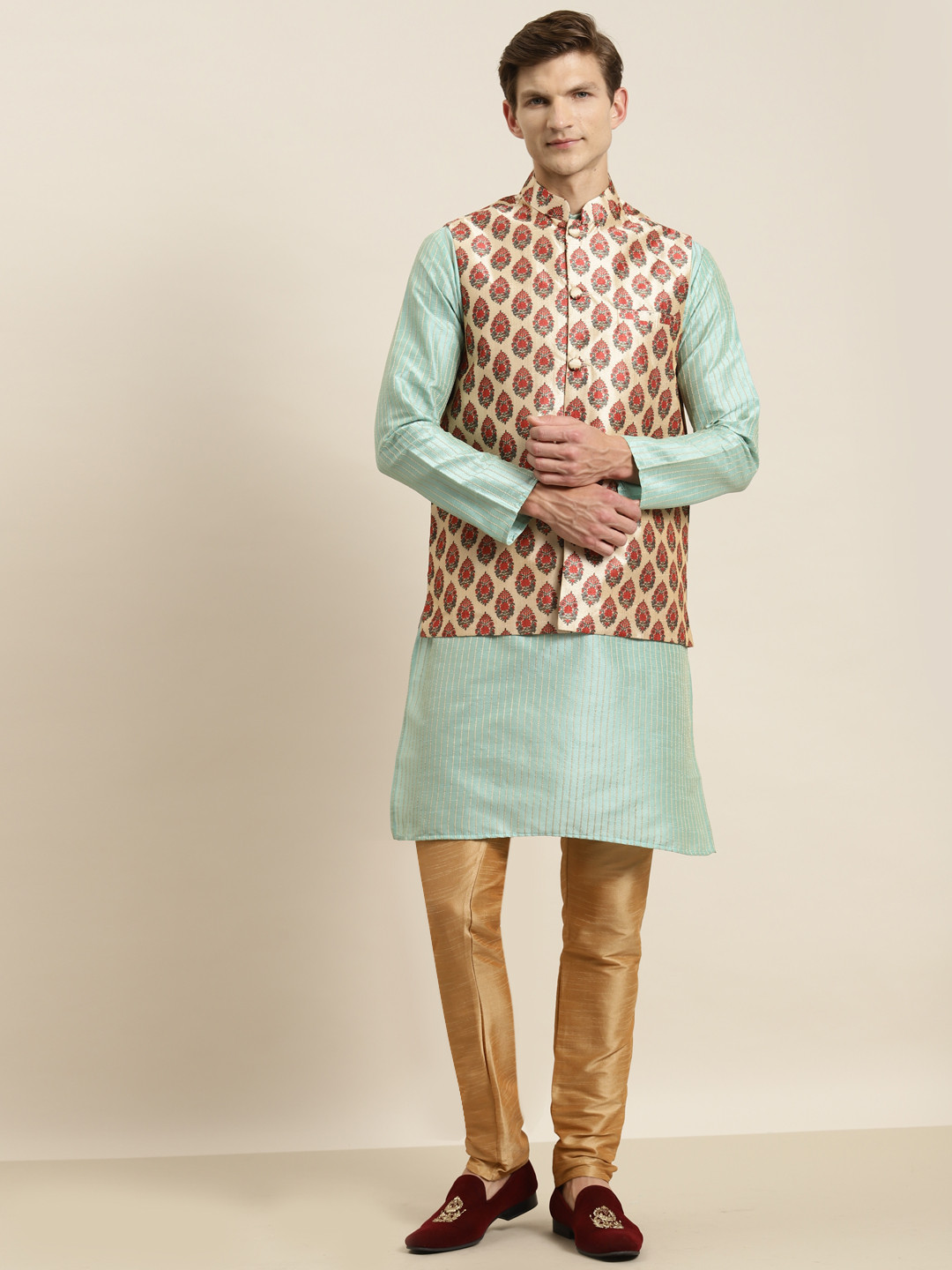 SOJANYA Men Sea Green Kurta with Churidar & Nehru Jacket