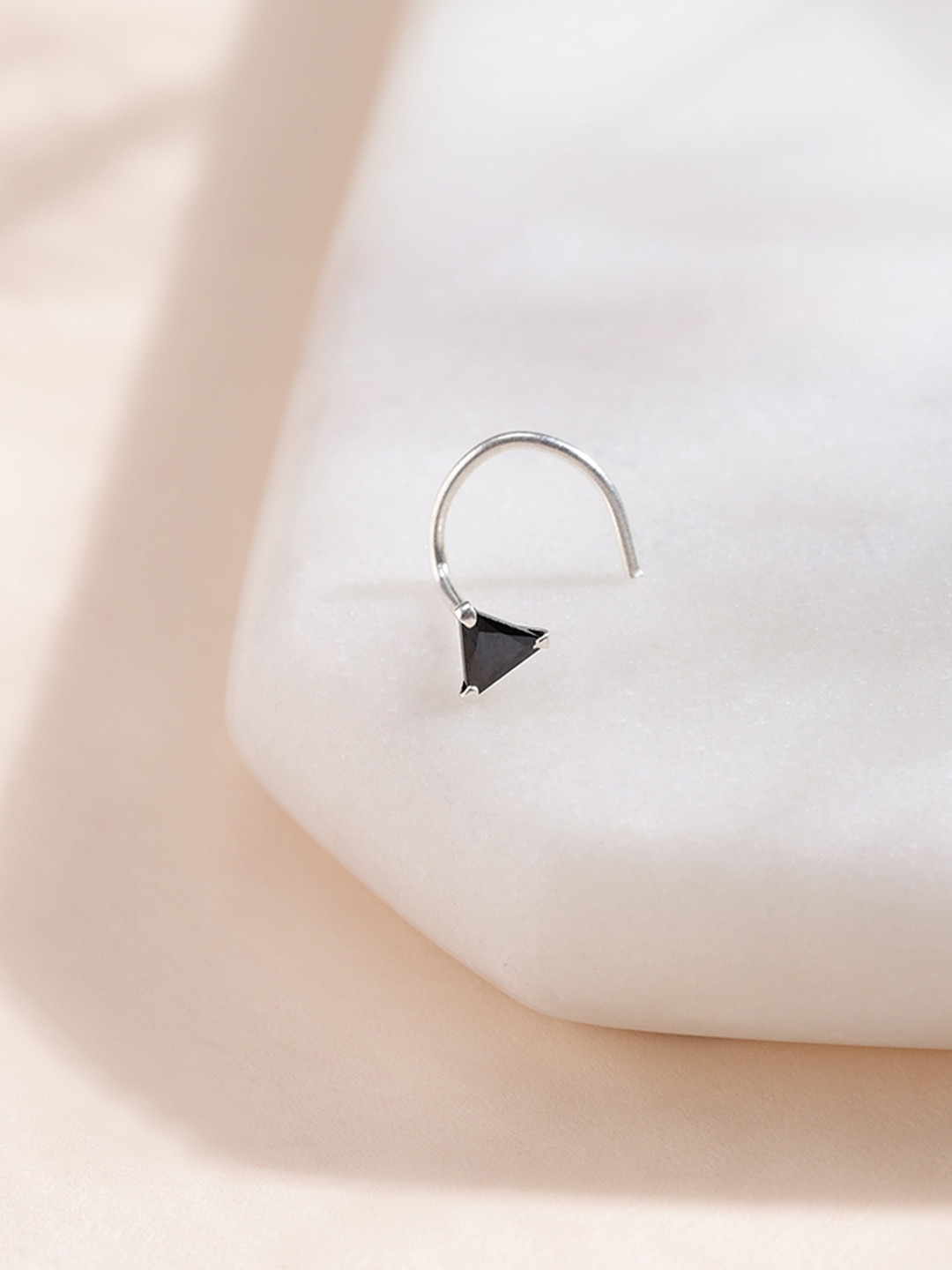 Zavya Women 925 Sterling Silver Plated & Black Triangle Studded Nose Pin