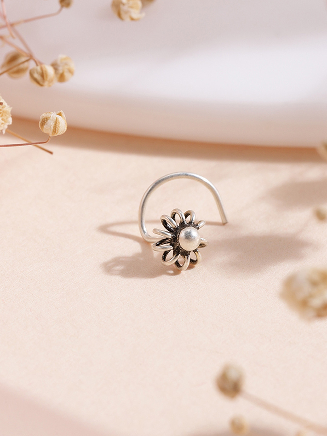 Zavya Women 925 Sterling Silver & White Oxidised Studded Nose Pin