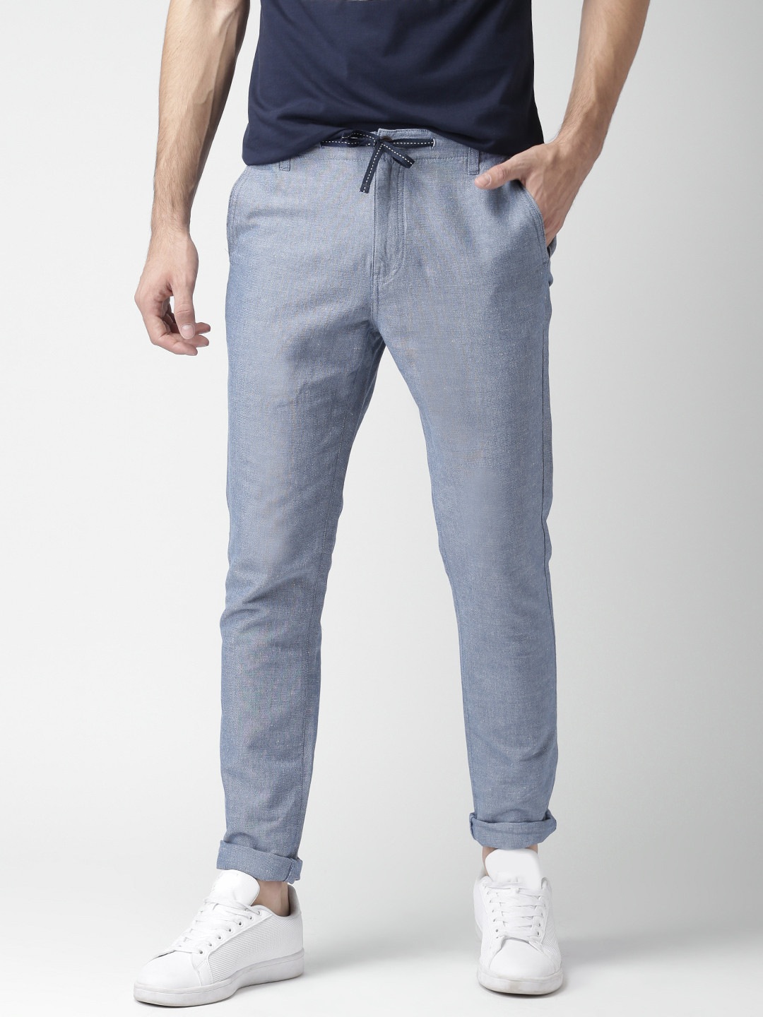 Mast & Harbour Men Blue Cotton Linen Trousers