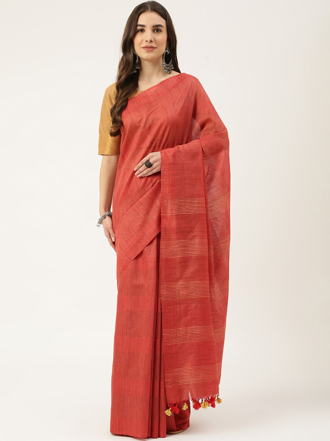 DECKEDUP Red & Mustard Woven Design Saree
