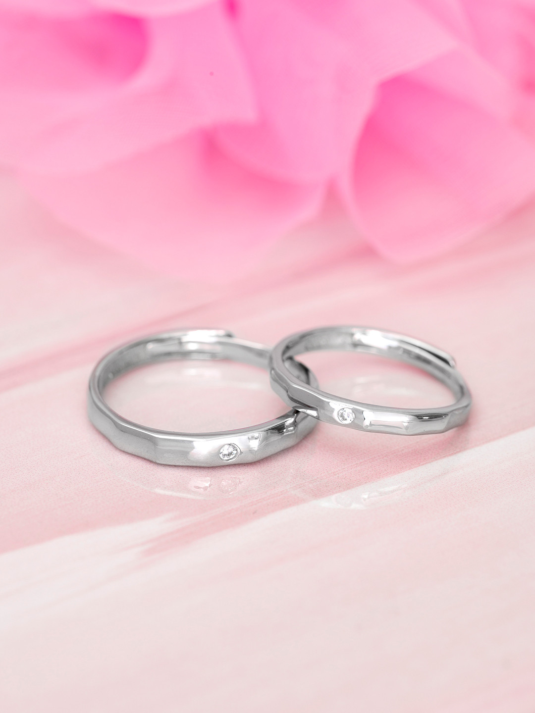 Zavya Set of 2 Silver-Toned Rhodium Plated 925 Sterling Silver CZ Adujstable Couple Rings