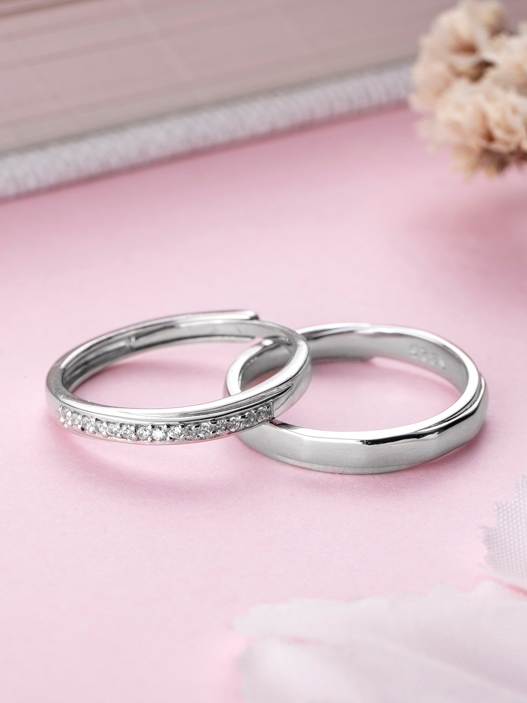 Zavya Set of 2 925 Sterling Silver Rhodium-Plated CZ-Studded Couple Rings