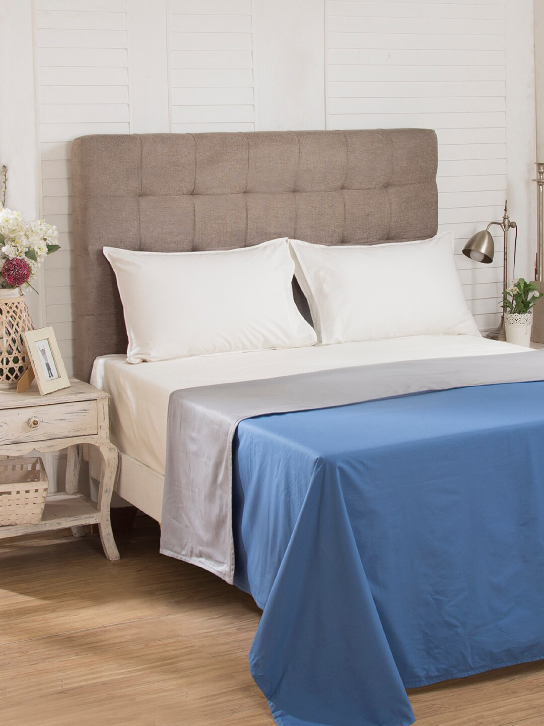 MASPAR Blue 200 TC Double Queen Solid Pure Cotton Bed Cover With 2 Pillow Covers